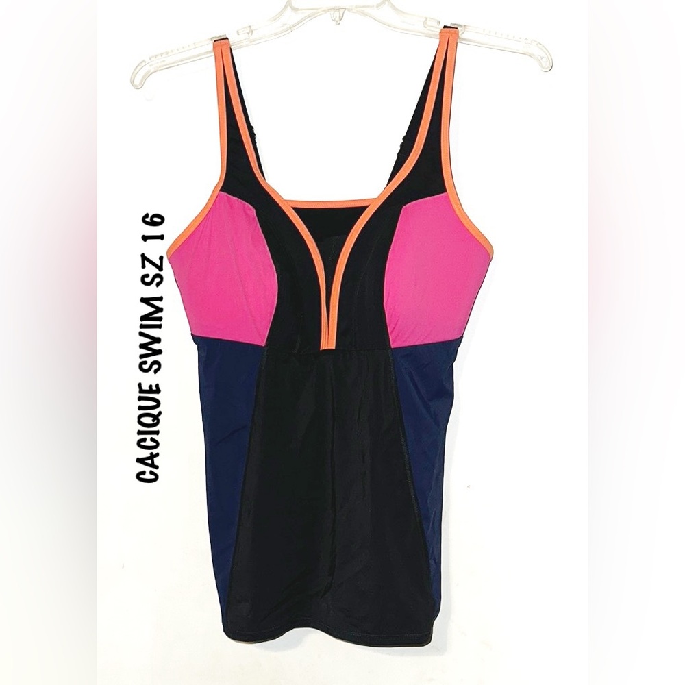 Cacique Vibrant Color Block Pink and Orange One Piece Swim Tank Top SZ 16 NWOT